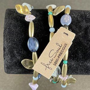 Free Soul set 3 Elastic Bracelets with gold tone beads with semi precious stones